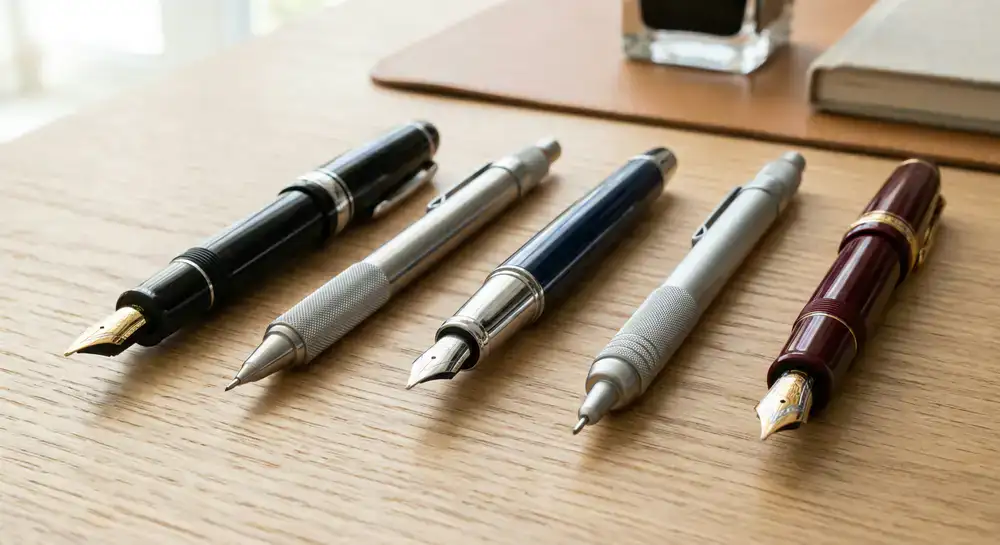 Close-up of premium fountain pens and metal mechanical pencils