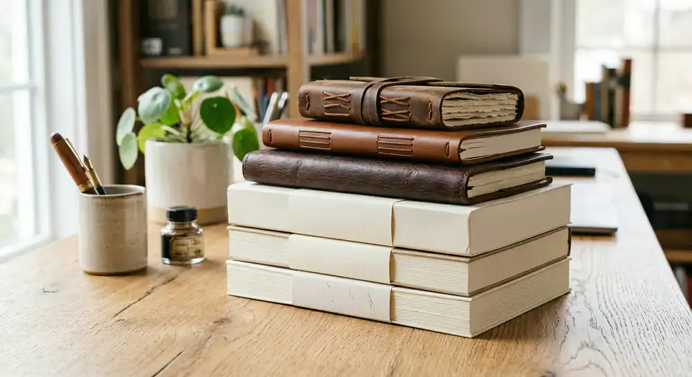 Stack of leather-bound notebooks and premium paper reams